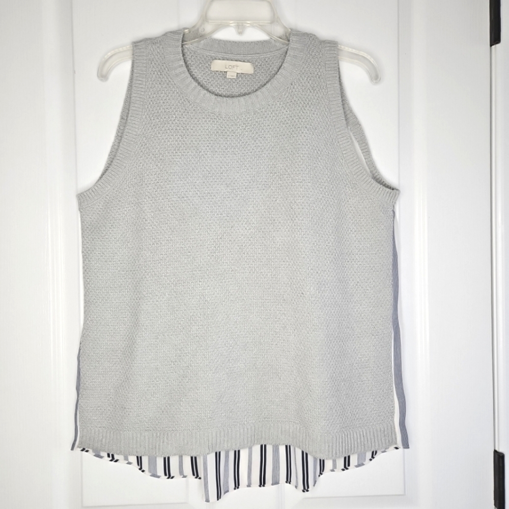 Ann Taylor LOFT Tank Sweater Vest Size L Gray Navy Stripe Cotton Mixed Media